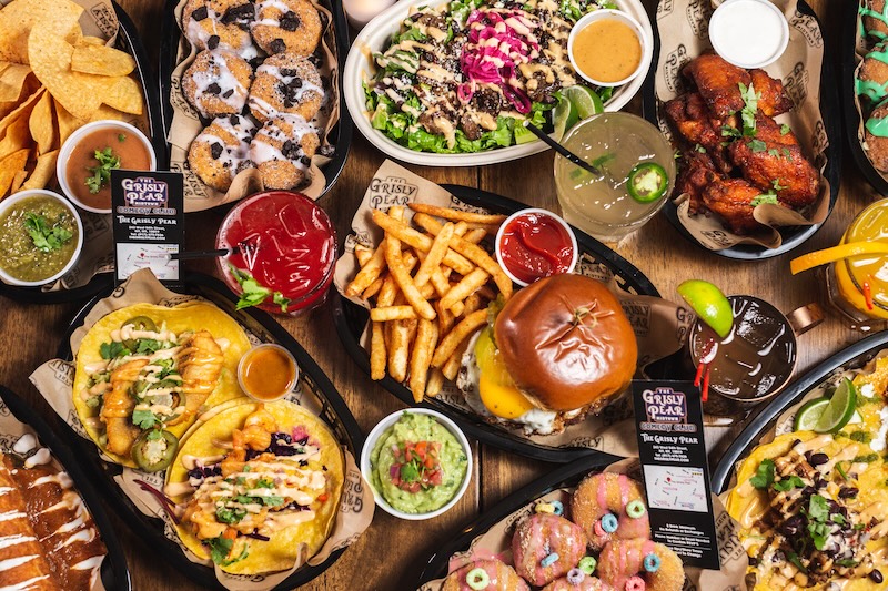 Grisly Pear Midtown food menu, burgers, tacos, mini-donuts, nachos, fries, drinks, happy hour